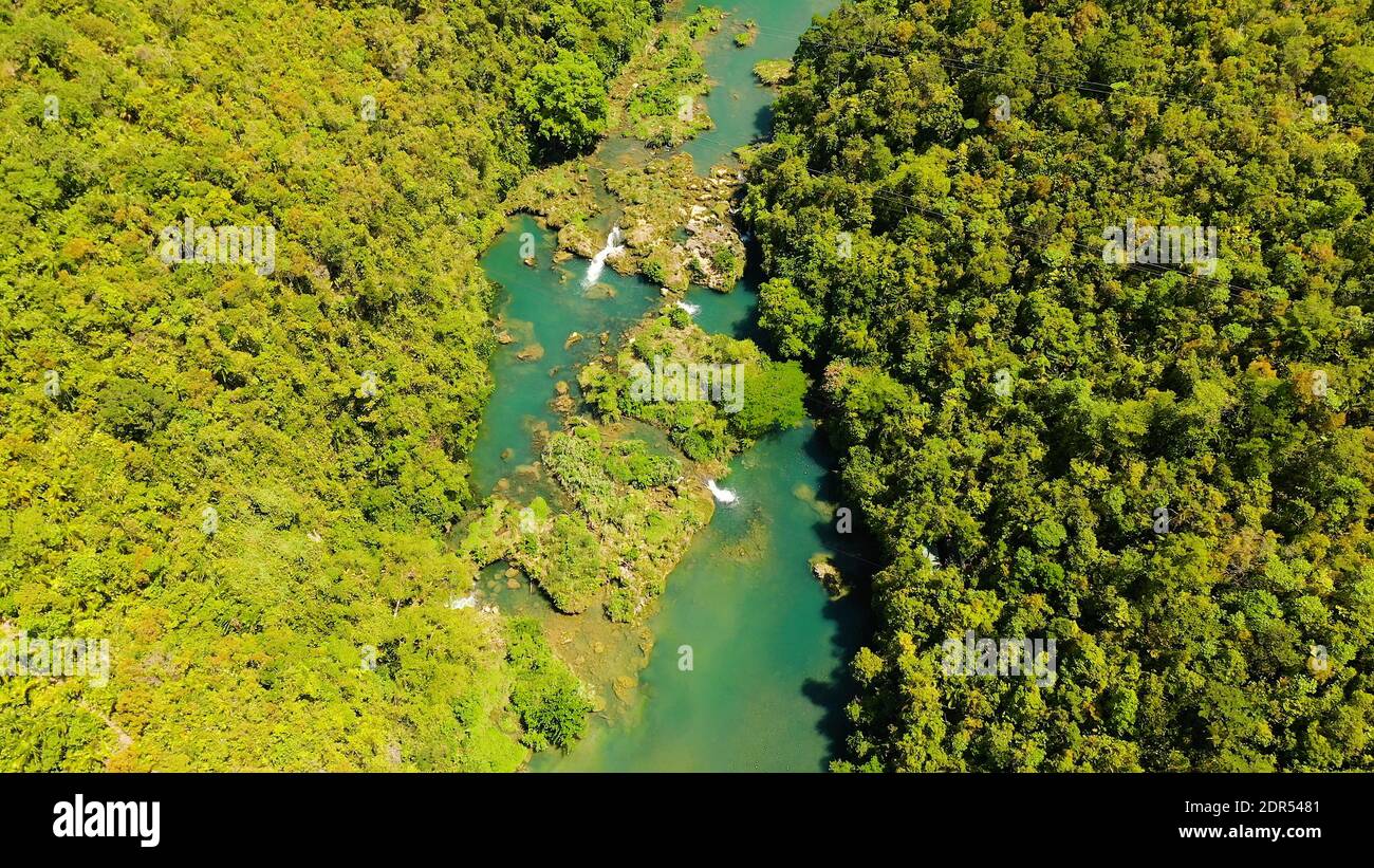 La rivière dans la forêt tropicale au milieu de la végétation verte luxuriante. Vue sur la rivière Loboc depuis le sommet. Bohol, Philippines. Banque D'Images