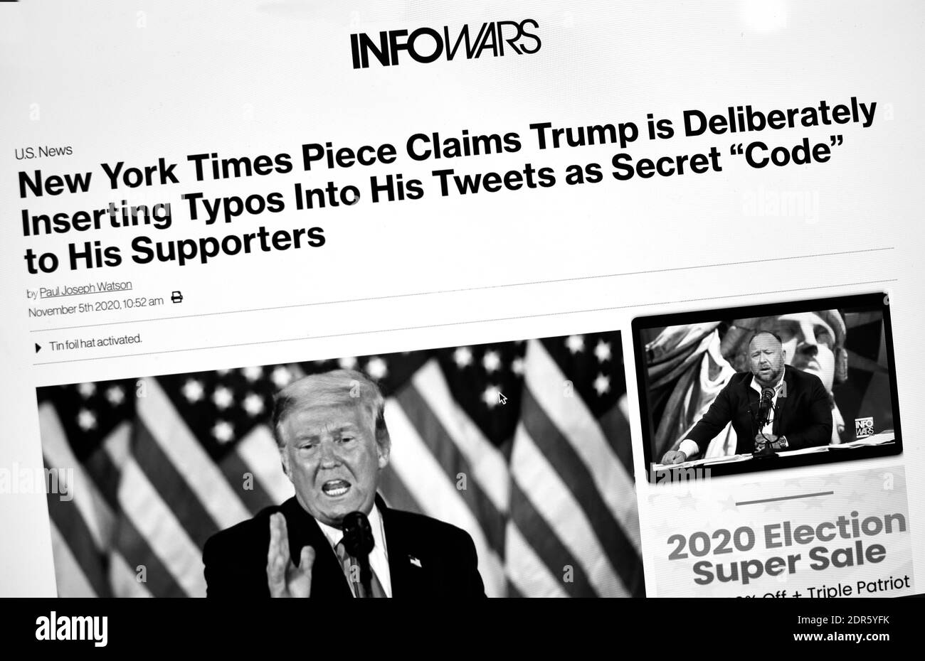 Une capture d'écran d'ordinateur du site Web de fausses nouvelles et conspirationnistes d'extrême-droite créé par Alex Jones, partisan de Donald Trump. Banque D'Images Une capture d'écran d'ordinateur du site Web de fausses nouvelles et conspirationnistes d'extrême-droite créé par Alex Jones, partisan de Donald Trump. Banque D'Images