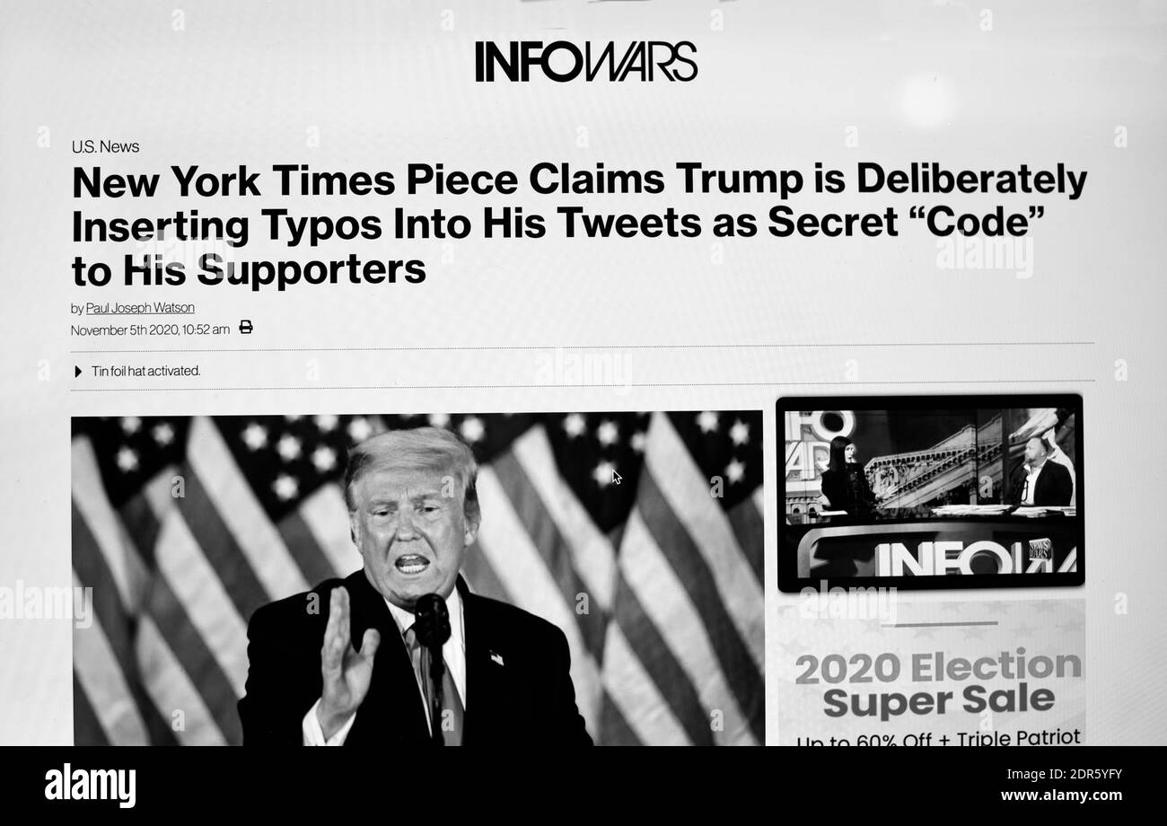 Une capture d'écran d'ordinateur du site Web de fausses nouvelles et conspirationnistes d'extrême-droite créé par Alex Jones, partisan de Donald Trump. Banque D'Images Une capture d'écran d'ordinateur du site Web de fausses nouvelles et conspirationnistes d'extrême-droite créé par Alex Jones, partisan de Donald Trump. Banque D'Images