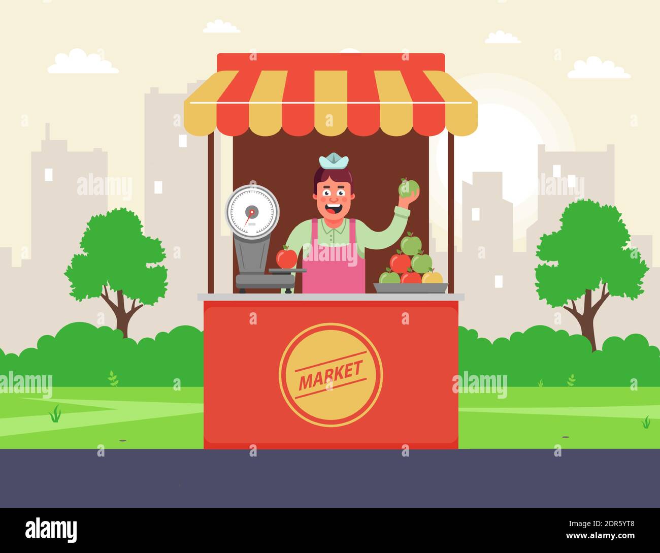 une épicerie dans la rue vend des fruits. le vendeur derrière le comptoir. illustration vectorielle plate. Illustration de Vecteur