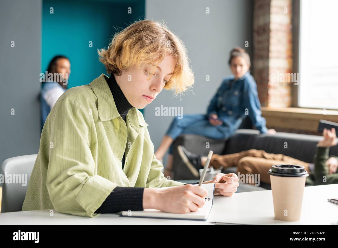 Jeune femme créatrice sérieuse designer en tenue décontractée assis au bureau, brainstorming et notes dans le carnet contre des collègues Banque D'Images