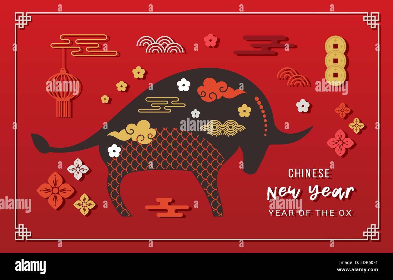 Nouvelle année chinoise 2021, année du boeuf. Symbole du zodiaque chinois. Bannière et salutation du nouvel an chinois heureux Illustration de Vecteur