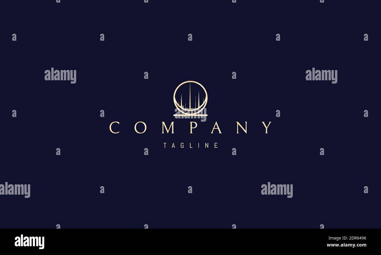 Logo doré vectoriel sur lequel émane une image abstraite de la lune dans un cercle dont émanent les rayons. Illustration de Vecteur