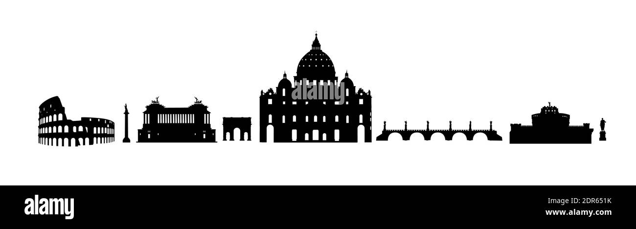 Ensemble de monuments architecturaux de voyage à Rome. Lieux italiens célèbres. Icônes de silhouette de bâtiment. Illustration de Vecteur
