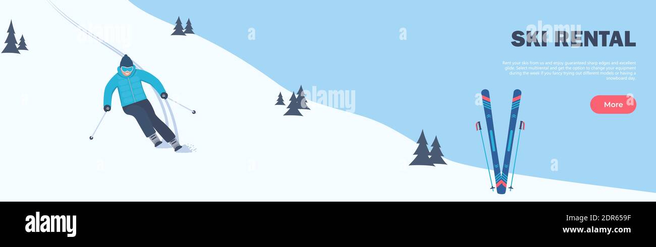 Bannière horizontale de location de ski. Sports d'hiver. Le skieur s'écrase sur la pente. Vacances d'hiver en montagne. Ski alpin. Illustration vectorielle Illustration de Vecteur