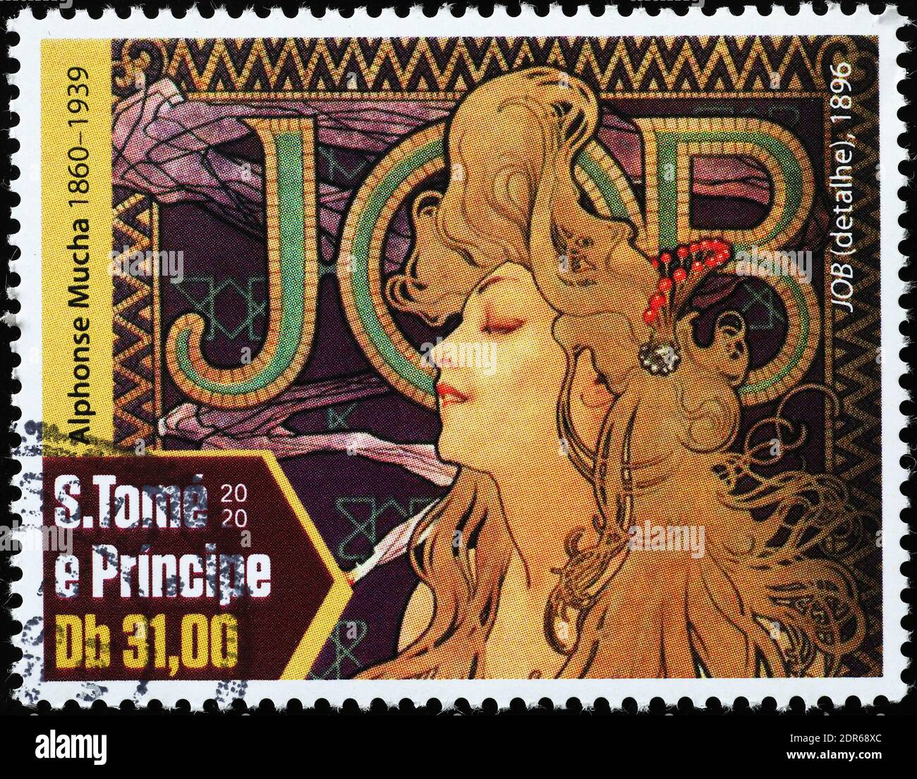 Publicité peinte par Alfons Mucha sur timbre-poste Banque D'Images
