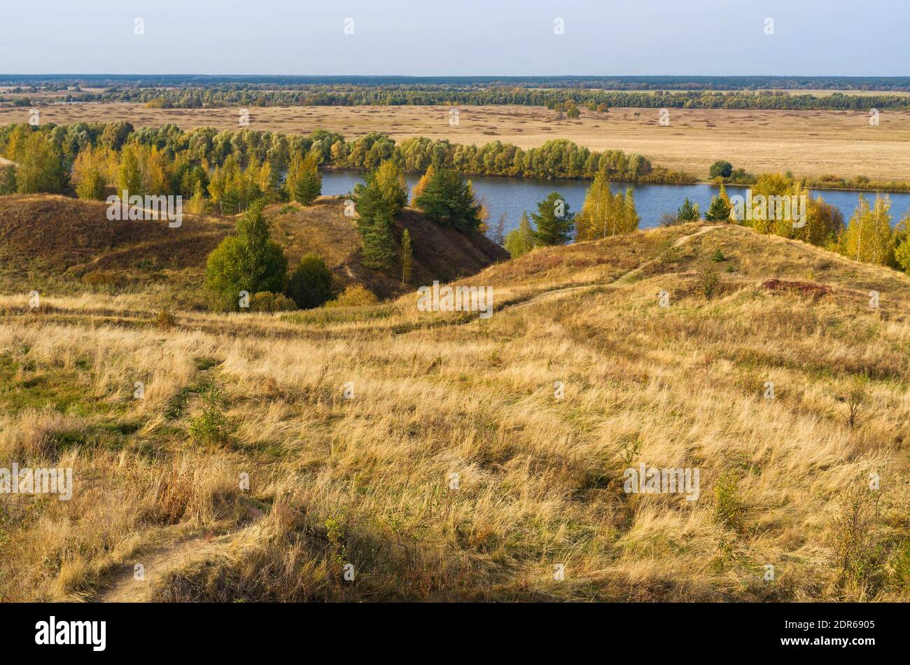Paysage d'automne avec des arbres, des collines et une rivière. Vue russe typique dans les riches couleurs dorées et vertes. Banque D'Images