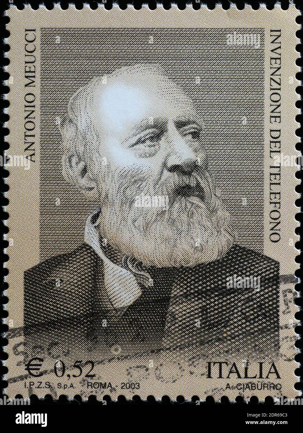 Antonio Meucci, inventeur du téléphone, sur timbre italien Banque D'Images