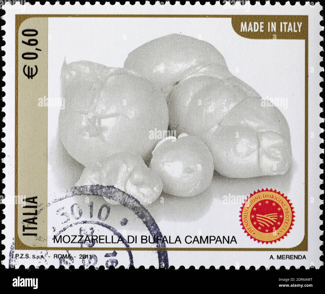 Mozzarella italienne sur timbre-poste Banque D'Images