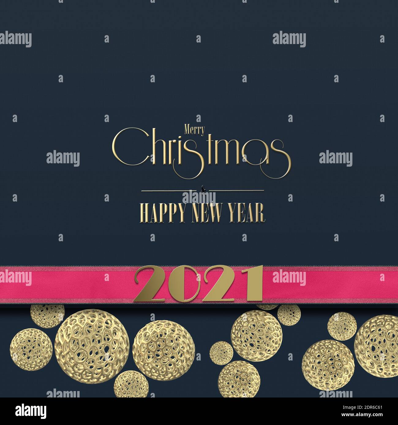 Carte de vacances d'hiver 2021. Nouvelle année carte de Noël chiffre d'or 2021, Noël rose ornement, texte d'or Joyeux Noël bonne année sur fond bleu. 3D Banque D'Images