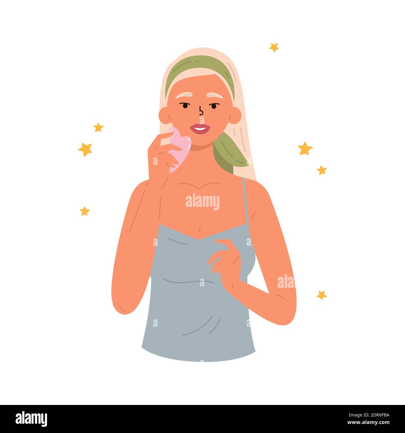 Massage facial Gua Sha. Femme avec la pierre de gua sha Illustration de Vecteur
