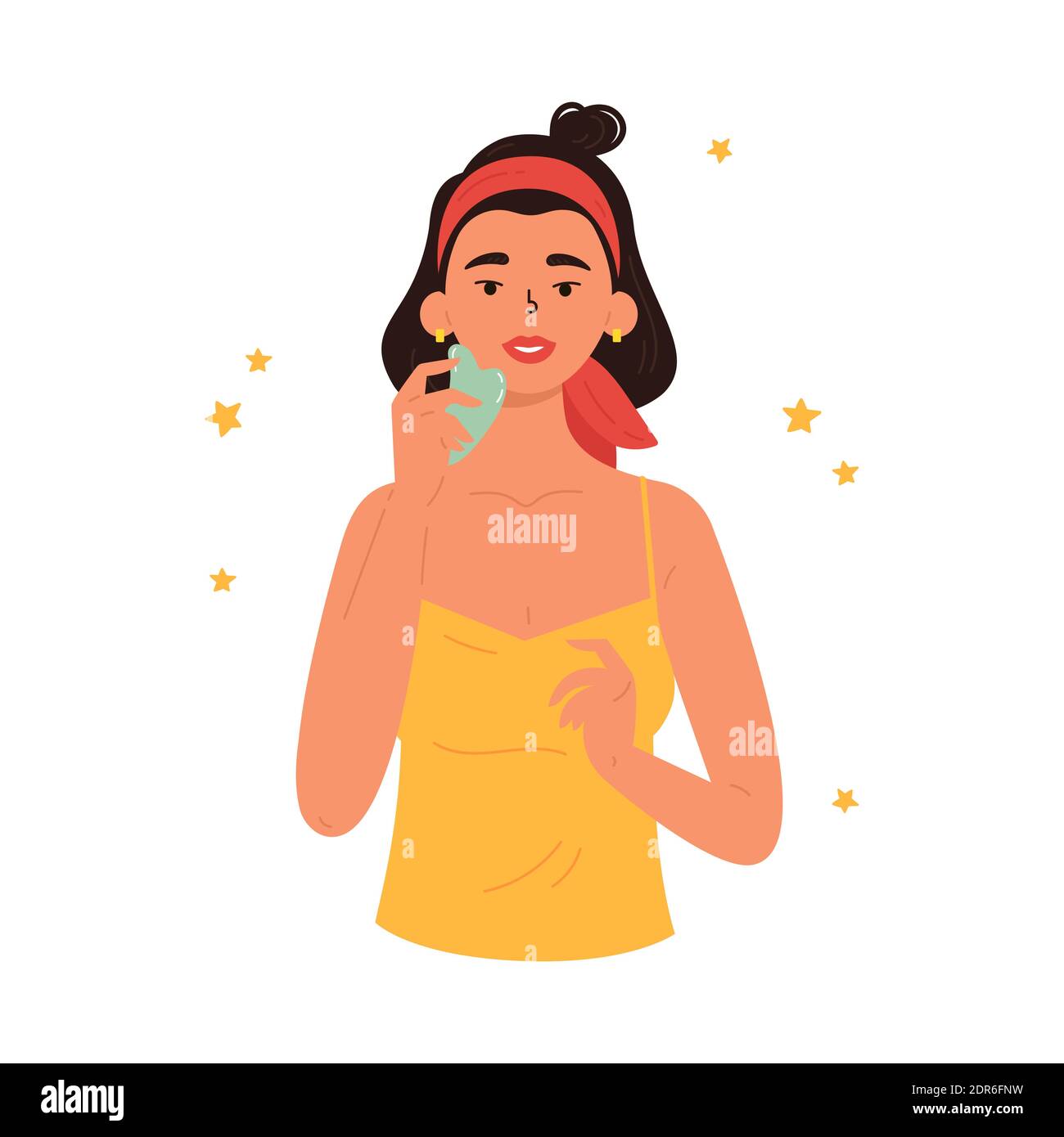 Massage facial Gua Sha. Femme avec la pierre de gua sha Illustration de Vecteur