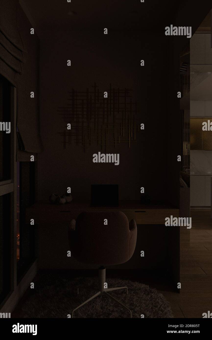 illustration 3d d'un salon intérieur et d'une cuisine avec veilleuse Banque D'Images