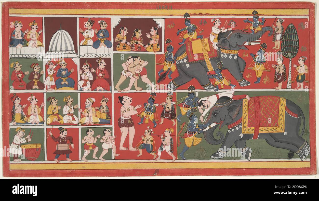 Krishna tuant l'éléphant Kuvalayapida, du livre Bhagavata Purana Ten, vers 1720, aquarelle opaque et encre sur papier, 7 11/16 × 14 3/16 po. (19.5 × 36 cm), Inde, Indien, dynastie moghole (1526–1857), peintures Banque D'Images