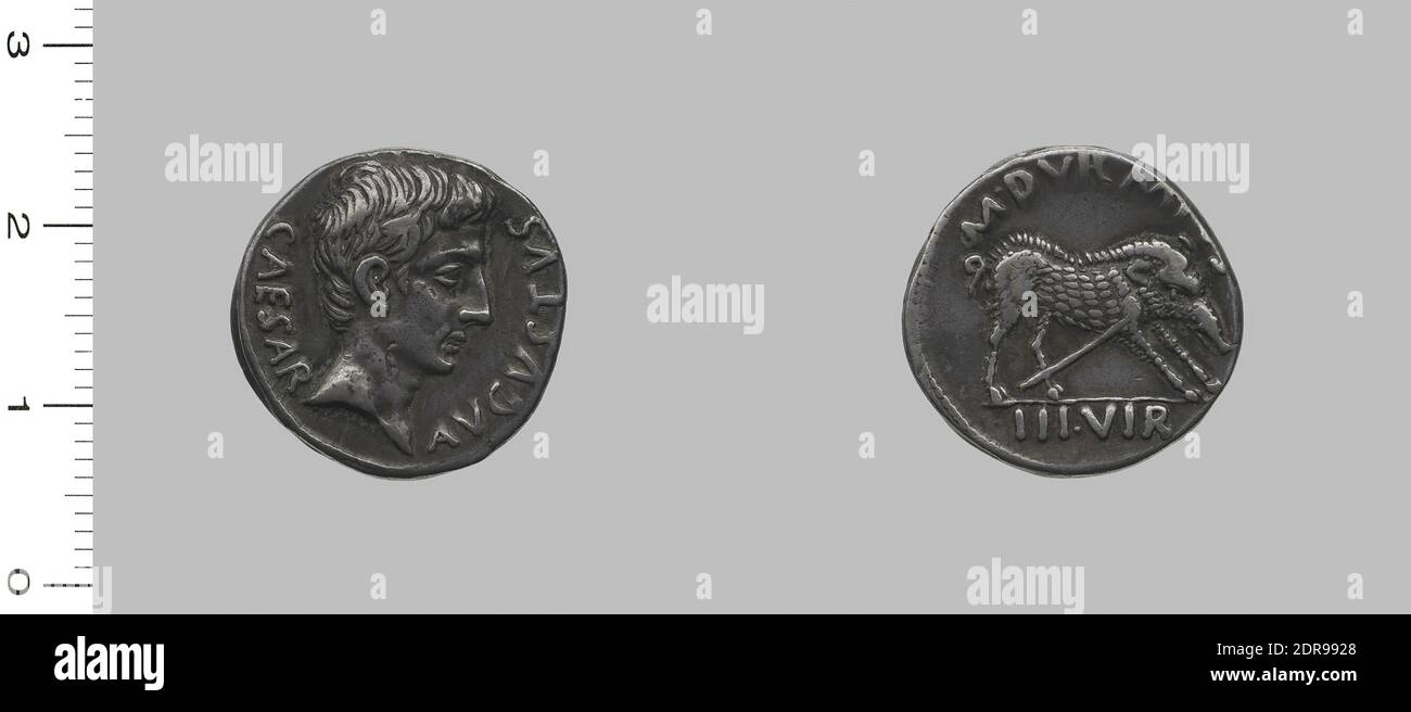 Souverain : Auguste, empereur de Rome, 63 av. J.-C.–A.D. 14, a statué 27 B.C.–A.D. 14, monnaie: Rome, magistrat: M. Durmius IIIVIR, Denarius d'Auguste, empereur de Rome de Rome, 19 av. J.-C., argent, 3.89 g, 7:00, 18.2 mm, fait à Rome, Italie, romain, 1er siècle avant J.-C., numismatique Banque D'Images