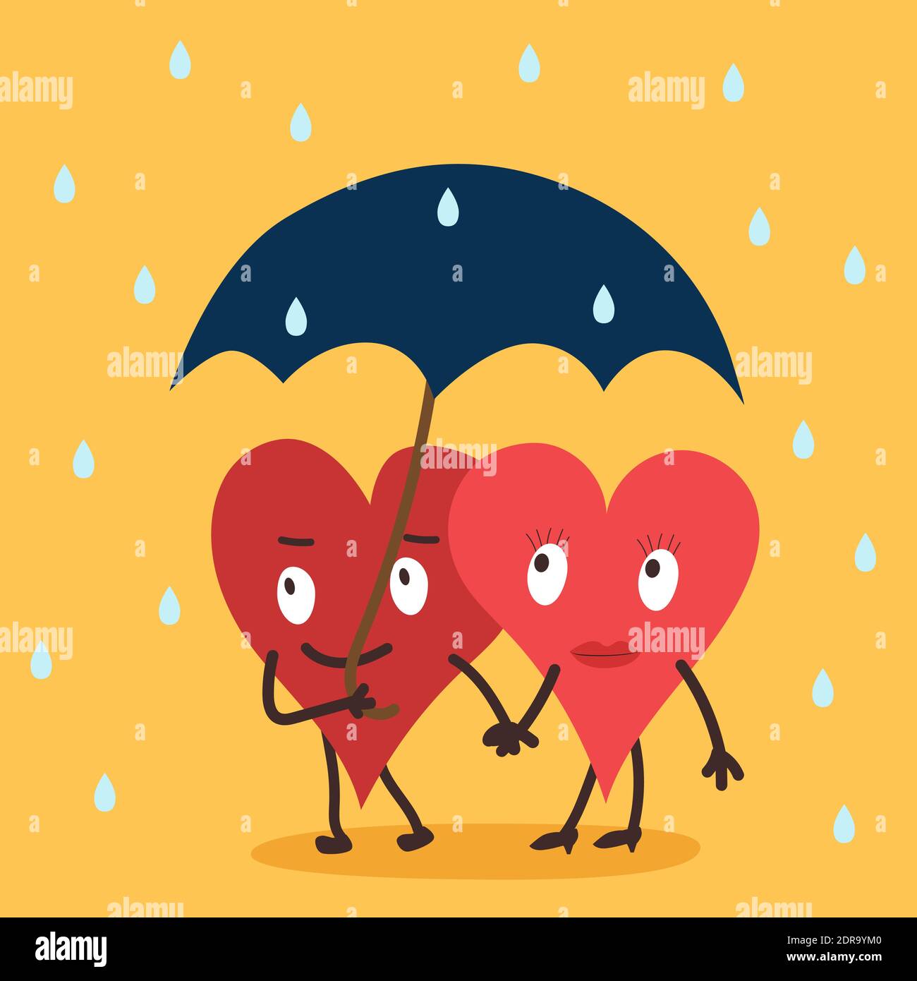 Deux coeurs mignons en amour sous le parapluie ils tiennent les mains et la pluie tombe. Concept de vacances de Saint-Valentin Illustration de Vecteur