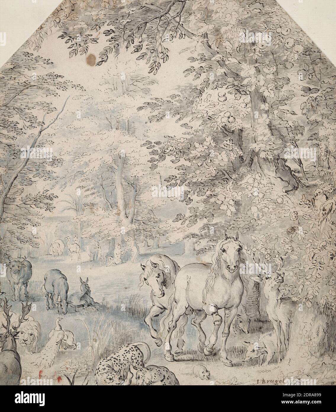 Après : Jan Brueghel l'ancien, flamand, 1568–1625, le jardin d'Eden, stylo et encre marron foncé et pinceau, encre bleue et lavage bleu, feuille: 27.7 × 24.1 cm (10 7/8 × 9 1/2 in.), fait en Flandre, flamande, XVIIe siècle, œuvres sur papier - dessins et aquarelles Banque D'Images