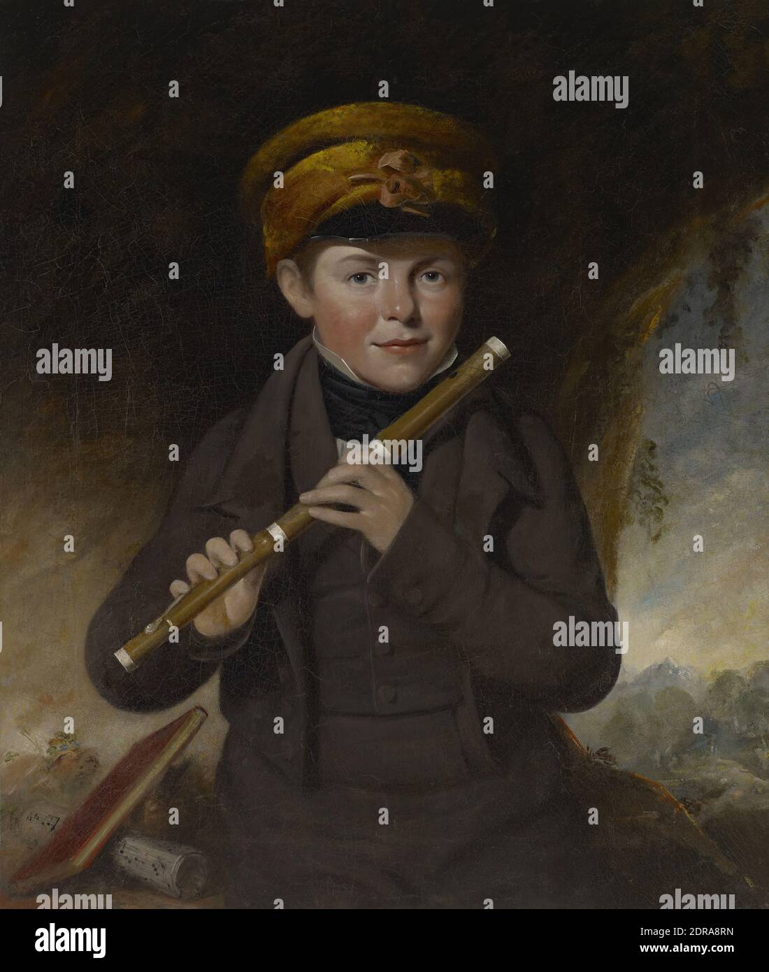 Artiste: John Opie, Britannique, 1761–1807, John Gurney Jr., The Little Flute Player, fin du XVIIIe siècle, huile sur toile, 74.9 × 56.8 cm (29 1/2 × 22 3/8 po.), britannique, XVIIIe siècle, peintures Banque D'Images