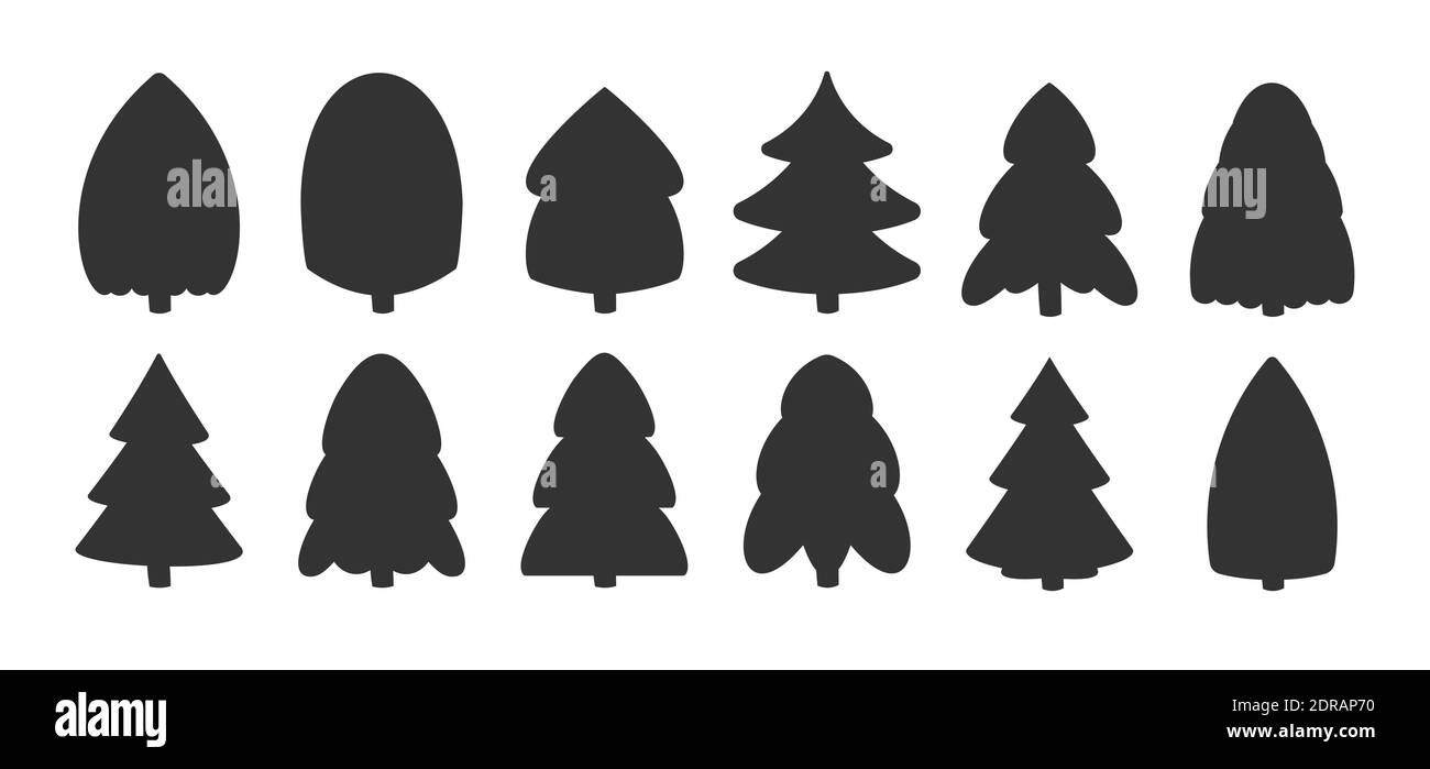 Silhouette noire arbres forestiers de Noël, ensemble de gabarits. Sapin de formes différentes. Symbole du nouvel an. PIN comme élément traditionnel hiver vacances. Icônes isolées sur une illustration vectorielle blanche Illustration de Vecteur