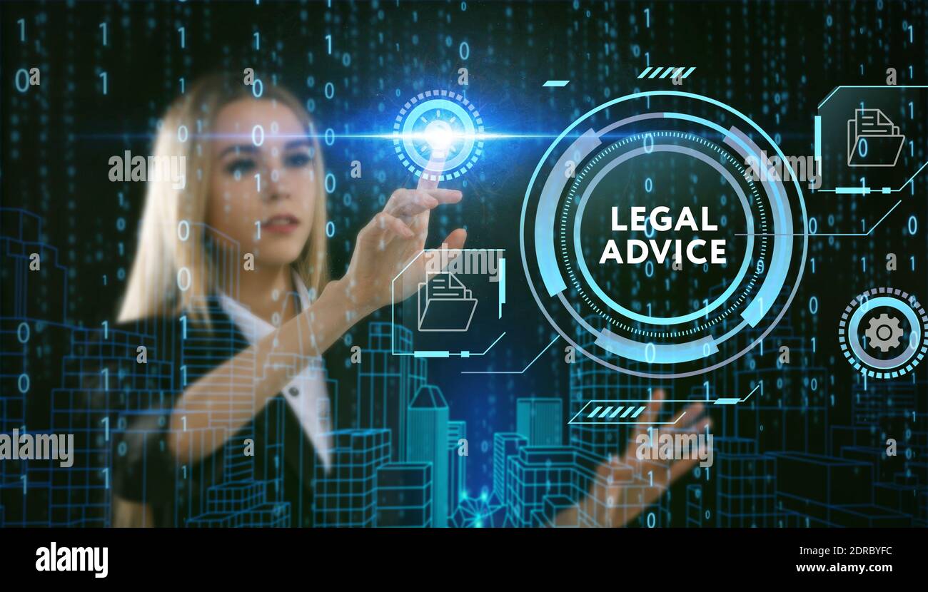 Concept commercial, technologique, Internet et réseau. Jeune homme d'affaires travaillant sur un écran virtuel de l'avenir et voit l'inscription: Conseil juridique Banque D'Images