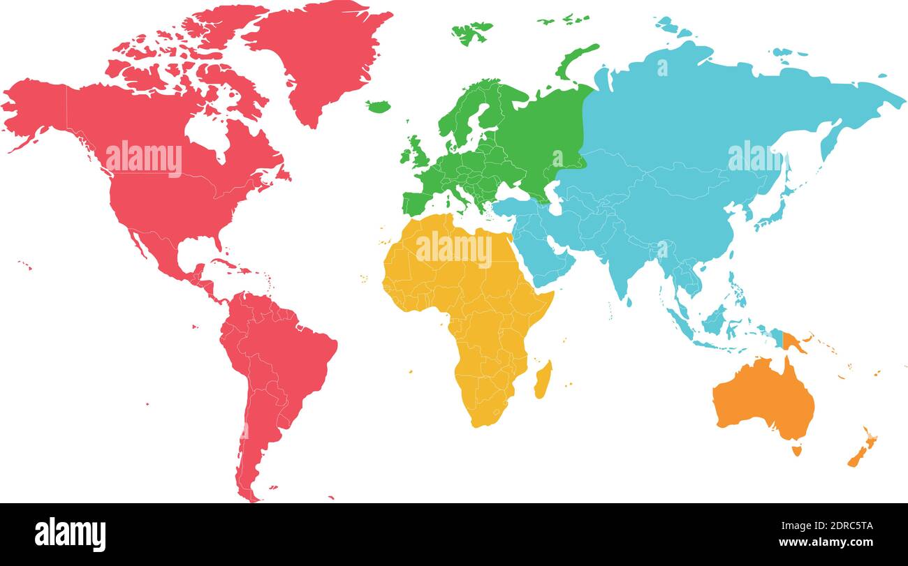 Carte Continents Et Océans Vierge Illustration vectorielle de la carte du monde vierge de politique avec différentes couleurs pour chaque continent et isolée sur fond blanc. Modifiable et clairement étiqueté Image Vectorielle Stock - Alamy