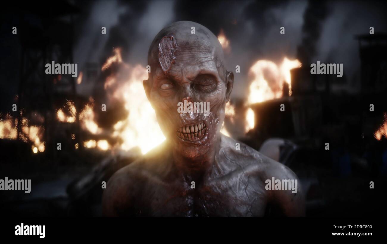 Zombie dans une ville apocalyptique ravagée par le feu. Vue sur Armageddon. Banque D'Images