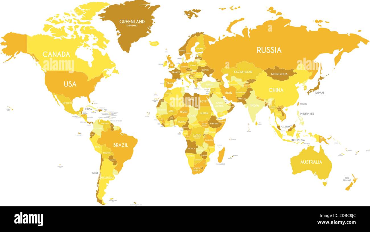 Illustration vectorielle de la carte du monde politique avec différentes tonalités de jaune pour chaque pays. Calques modifiables et clairement étiquetés. Illustration de Vecteur