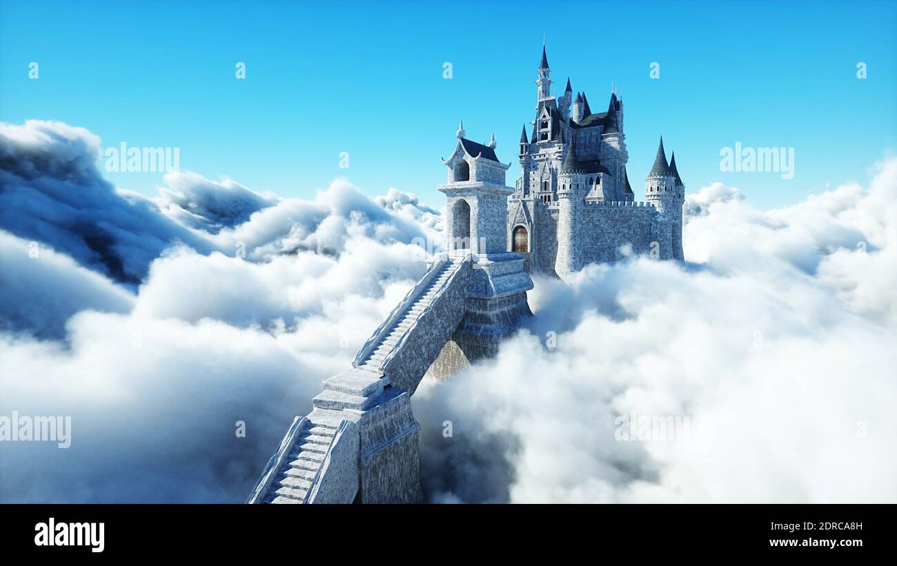 Palais de conte de fées dans les nuages. Vue aérienne. Surnuages. rendu 3d Banque D'Images