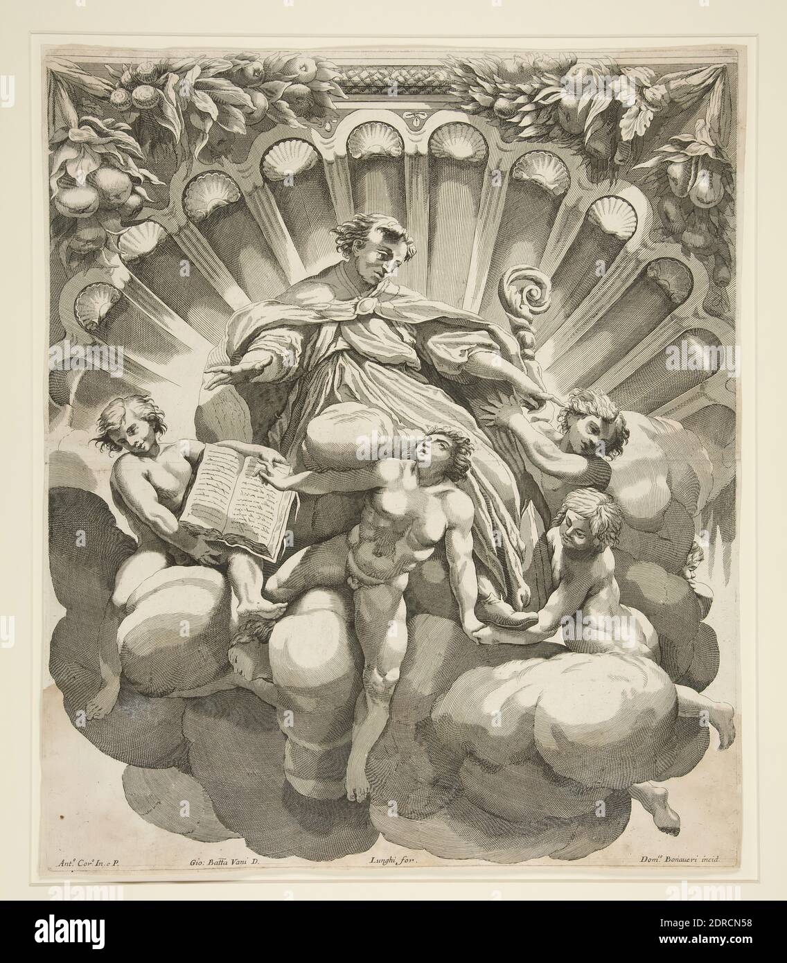 Graveur: Domenico Maria Bonaveri, italien, 1653–1731, après: Antonio da Correggio, italien, ca. 1489–1534, St. Hilary, gravure, feuille: 47.6 × 40.5 cm (18 3/4 × 15 15/16 po.), Italien, 17ème siècle, travaux sur papier - tirages Banque D'Images