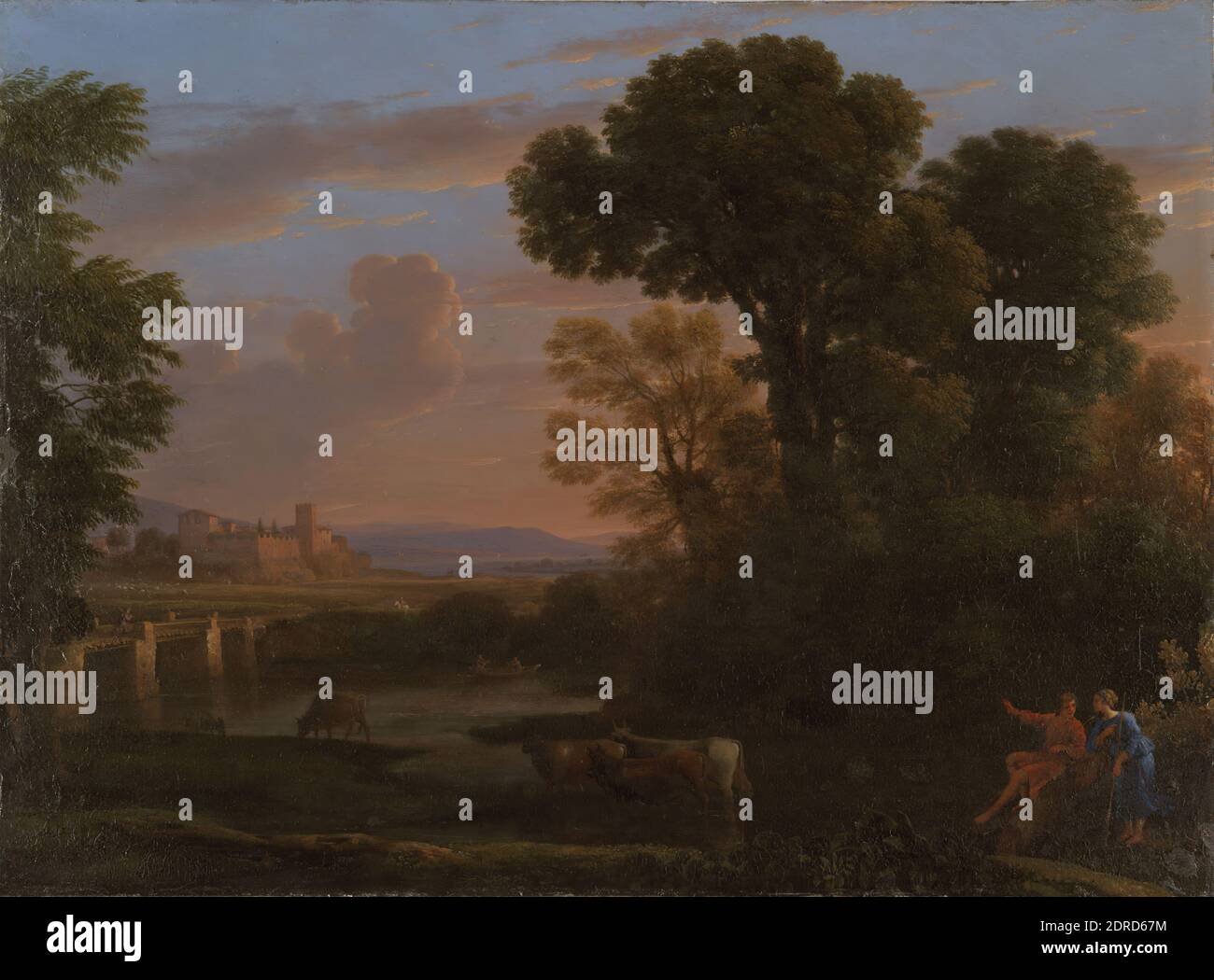 Artiste: Claude Gellée, appelé Claude Lorrain, français, active Rome, 1604–1682, Pastoral Landscape, Oil on Copper, 39.4 × 53.3 cm (15 1/2 × 21 in.), Leonard C. Hanna, Jr., classe de 1913, Bien qu’il soit français, Claude Lorrain a passé toute sa carrière à Rome, où il est devenu le principal peintre de paysages et le modèle de générations de peintres de paysages classiques au XIXe siècle. Cette peinture a été commandée par Hans Georg Werdmuller, un ingénieur militaire suisse, qui l'a probablement commandée par l'intermédiaire d'un agent. Français, peintures du XVIIe siècle Banque D'Images