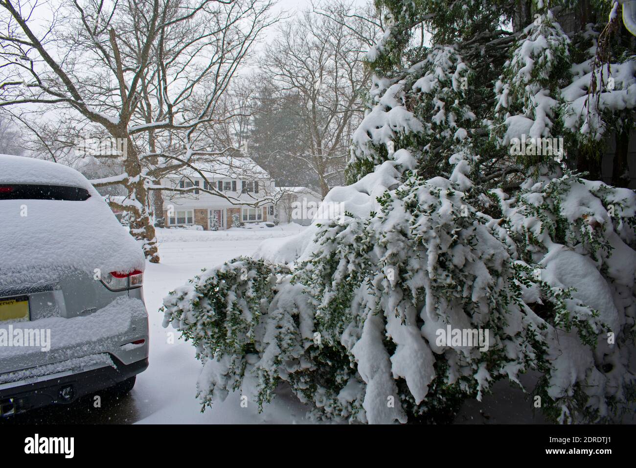 Regarder la neige tombant dans la rue et les voitures de la sécurité d'un garage résidentiel dans une ville de banlieue -03 Banque D'Images