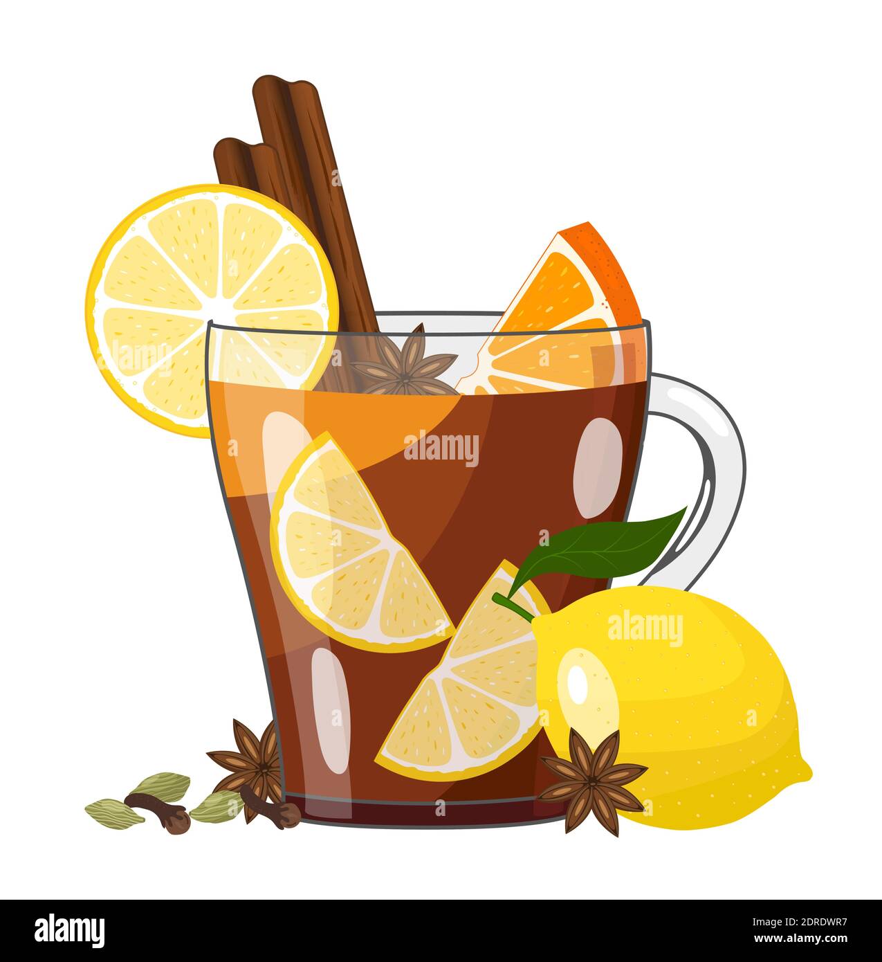 Thé chaud d'hiver au citron avec fruits et épices dans une tasse de verre. Illustration vectorielle sur fond blanc Illustration de Vecteur