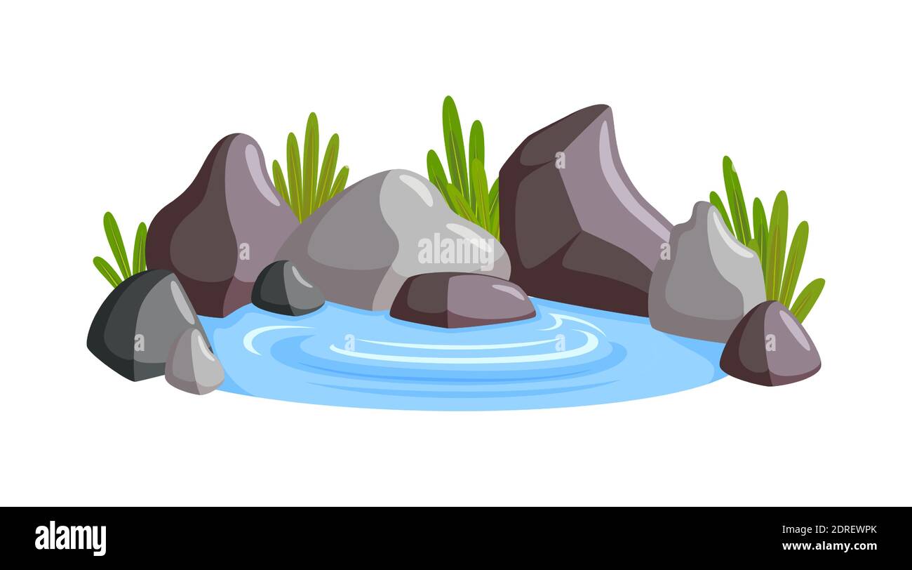 Pagaie d'eau entourée de pierres et d'herbe. Scène naturelle avec paddle d'eau douce. Illustration vectorielle de style dessin animé Illustration de Vecteur