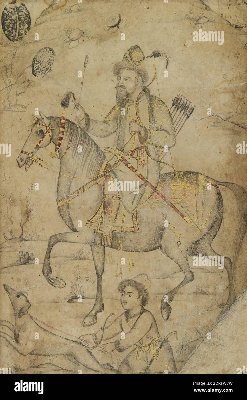 Hunter on a Horse, vers 1600, encre et aquarelle opaque sur papier, 20 × 13.2 cm (7 7/8 × 5 3/16 po), Inde, Inde, Inde, islamique, dynastie moghole (1526–1857), peintures Banque D'Images