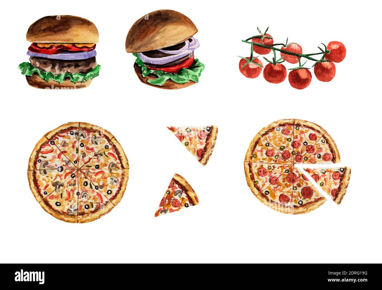 watercolor set pizza entière, tranches de pizza, hamburgers, tomates cerises sur une branche isolée sur un fond blanc Banque D'Images