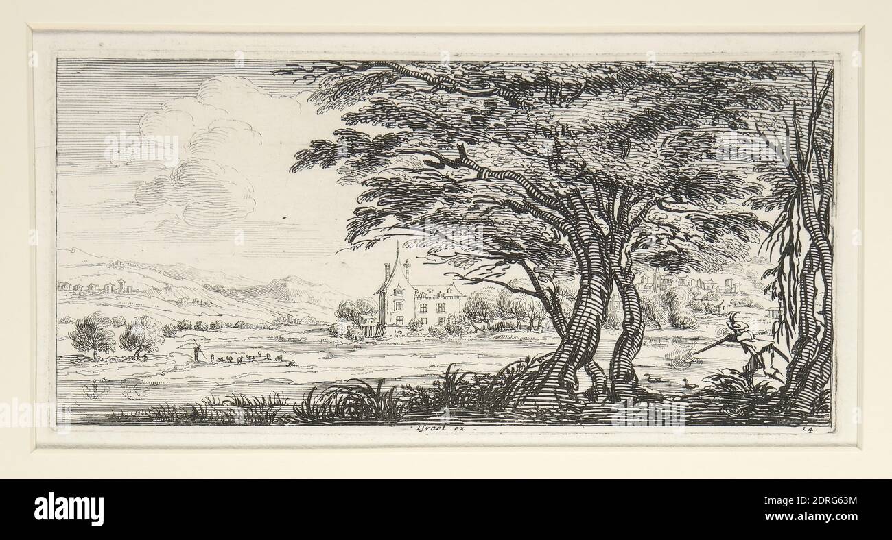 Artiste: Jean-Baptiste Collignon, 1609–1657, Paysage avec manoir et chasseur de canards, Etching, image/écran: 7.8 × 16.3 cm (3 1/16 × 6 7 po.), réalisé en France, Français, 17ème siècle, oeuvres sur papier - estampes Banque D'Images