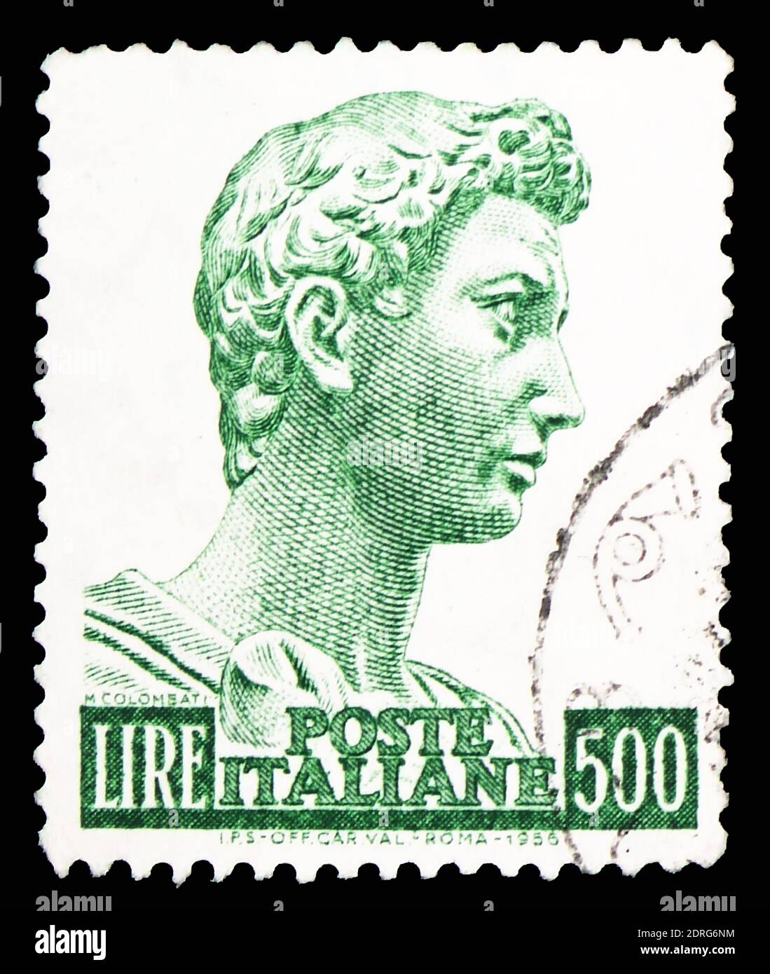 MOSCOU, RUSSIE - 10 FÉVRIER 2019 : un timbre imprimé en Italie montre la tête de la statue de Saint George, série Saint George de Donatello, vers 1969 Banque D'Images