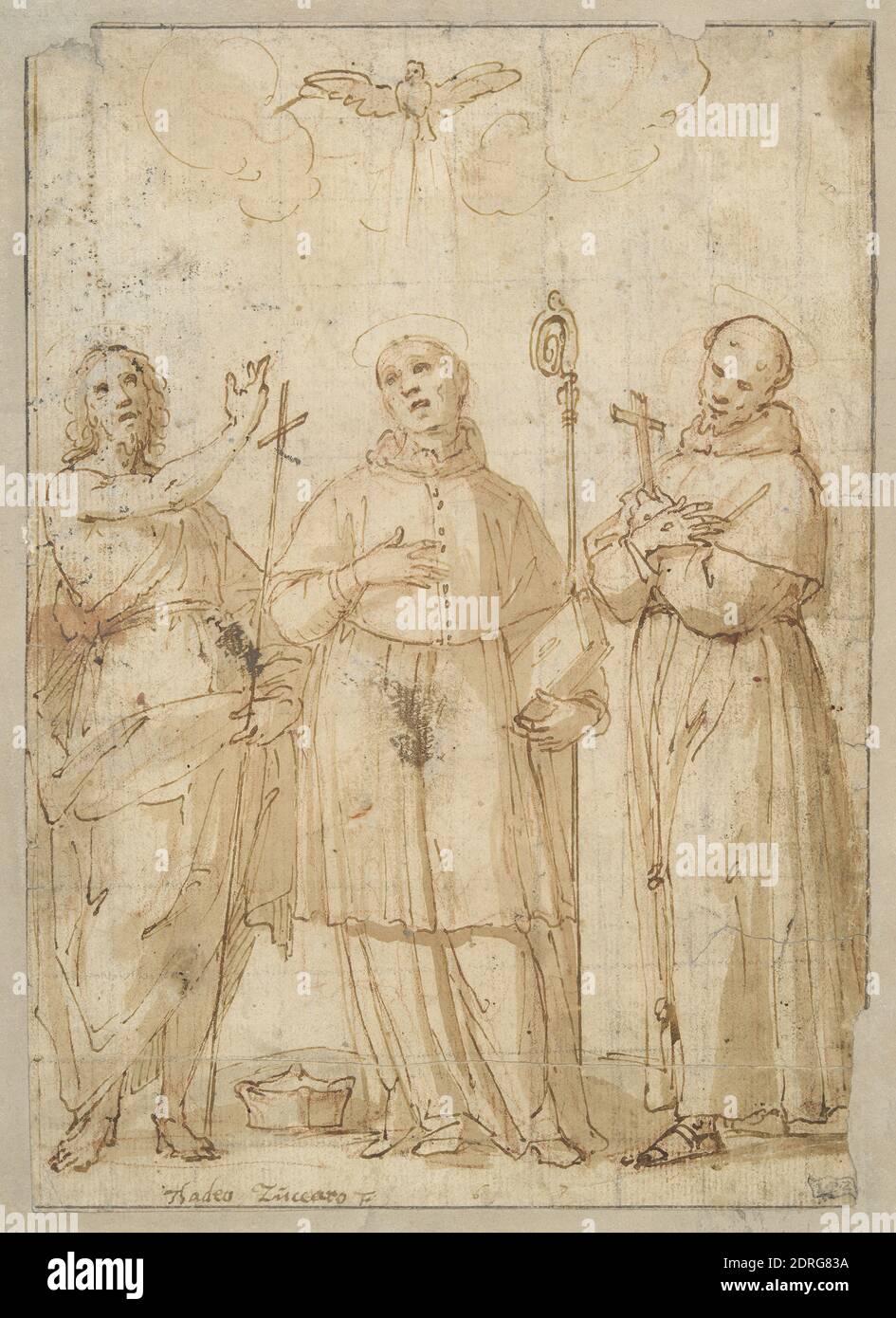 Artiste, anciennement attribué à: Federico Zuccaro, italien, ca. 1541–1609, Saint John, Saint Charles Borromeo, et Saint François sous la colombe du Saint-Esprit, vers 1610, encre de plume et marron et lavage brun sur croquis en craie rouge, carré en craie noire, 23.5 × 16.9 cm (9 1/4 × 6 5/8 po.), Italien, XVIIe siècle, oeuvres sur papier - dessins et aquarelles Banque D'Images
