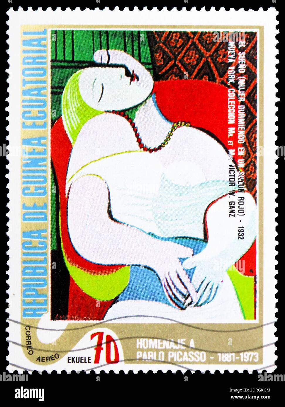 MOSCOU, RUSSIE - 10 FÉVRIER 2019 : un timbre imprimé en Guinée équatoriale montre le rêve, PICASSO : série de peintures abstraites, vers 1975 Banque D'Images