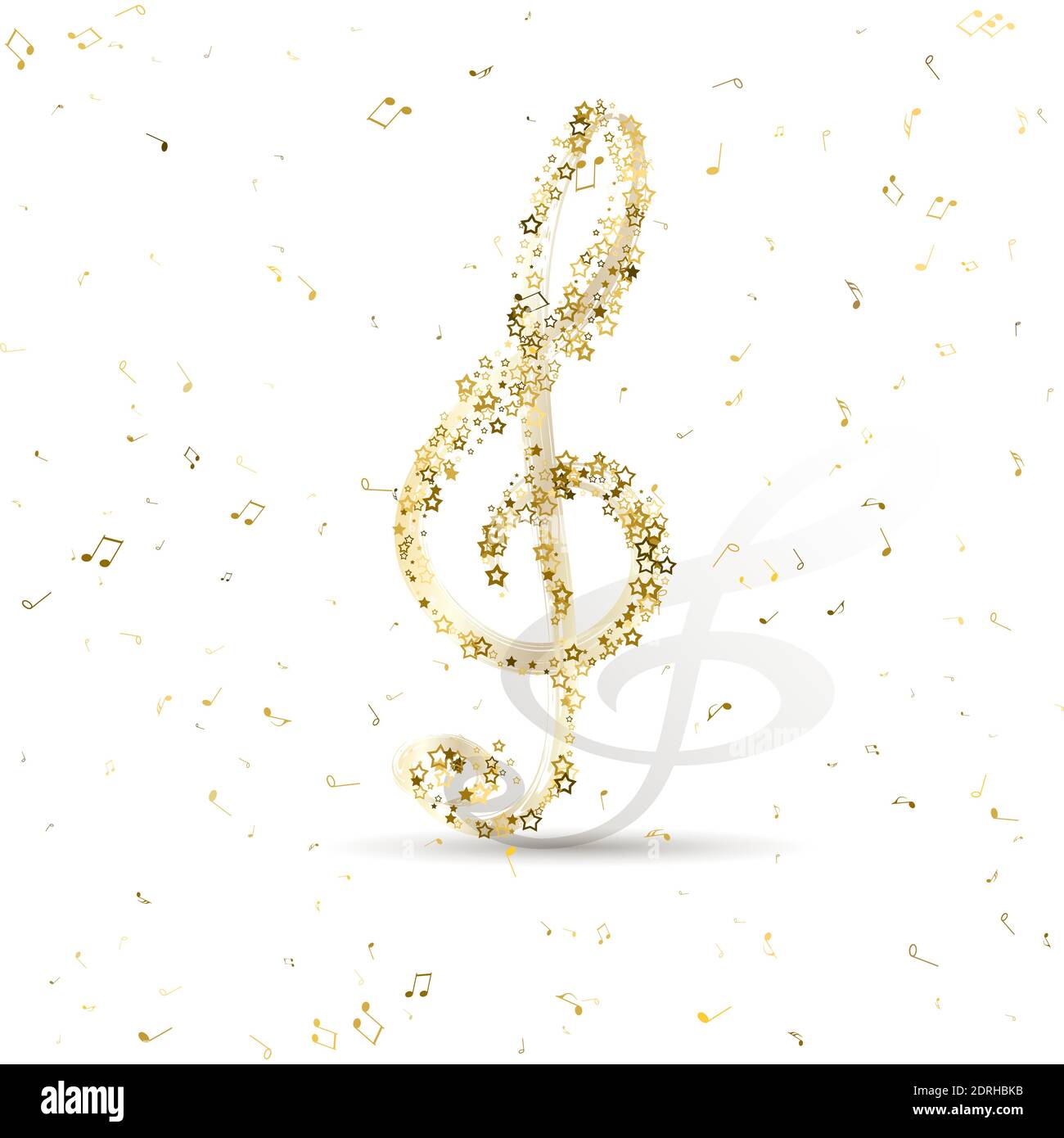 Or Treble de luxe clef de l'stellaire contre sur des notes d'or aléatoires de vol. Belle symphonie de notation musicale pour bannière de festival, design imprimé Illustration de Vecteur