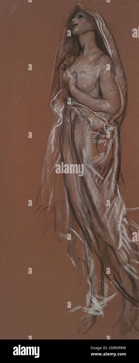 Artiste: Edwin Austin Abbey, américain, 1852–1911, M.A., 1897, étude pour le chiffre de 4 am(?) Dans les heures mur de plafond, House Chamber, Pennsylvania State Capitol à Harrisburg, Charcoal et craie sur papier rouge, 79.4 × 33.0 cm (31 1/4 × 13 in.), fait aux États-Unis, américain, 19e siècle, œuvres sur papier - dessins et aquarelles Banque D'Images