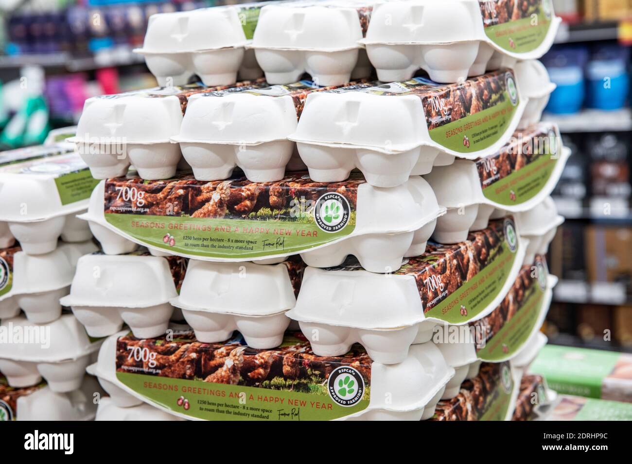 Boîtes d'œufs frais avec message de Noël joyeux en solde Dans un supermarché de Sydney Banque D'Images