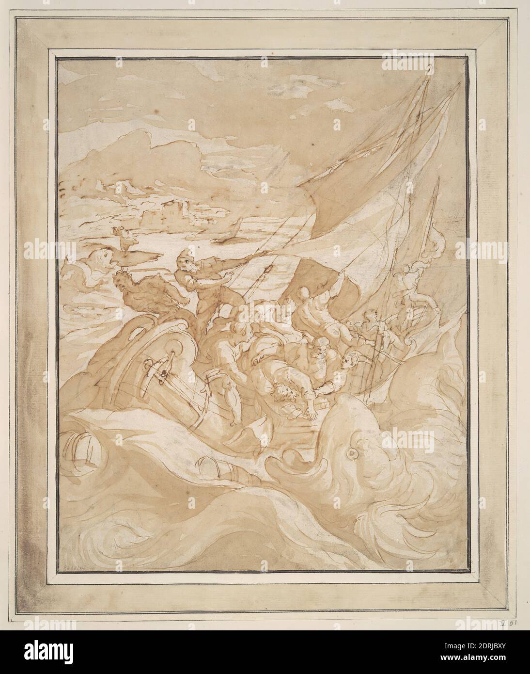 Artiste: Maarten de Vos, flamand, 1532–1603, Jonas jeté au-dessus de la planche, stylo et encre brune et lavage brun sur le croquis en craie noire rehaussé de blanc (partiellement oxydé), feuille: 28 × 22.3 cm (11 × 8 3/4 in.), fait en Flandre, flamand, XVIe siècle, œuvres sur papier - dessins et aquarelles Banque D'Images Artiste: Maarten de Vos, flamand, 1532–1603, Jonas jeté au-dessus de la planche, stylo et encre brune et lavage brun sur le croquis en craie noire rehaussé de blanc (partiellement oxydé), feuille: 28 × 22.3 cm (11 × 8 3/4 in.), fait en Flandre, flamand, XVIe siècle, œuvres sur papier - dessins et aquarelles Banque D'Images