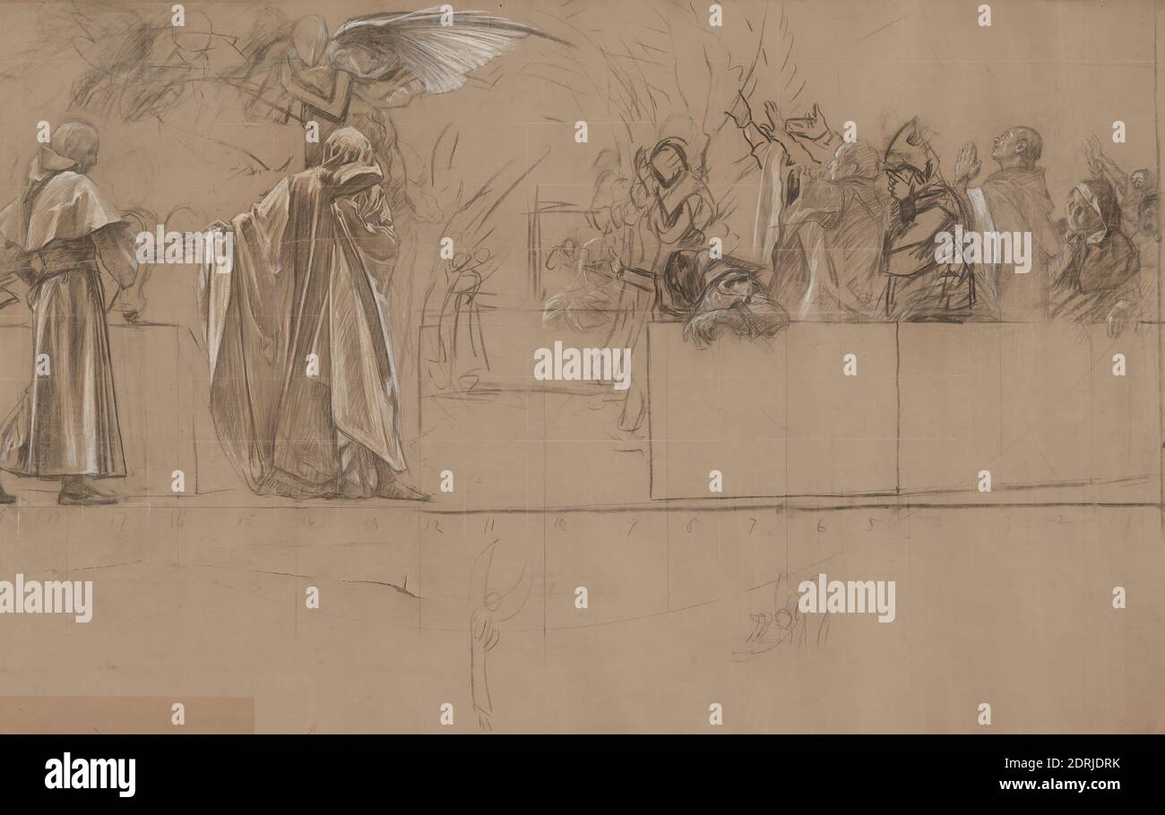 Artiste: Edwin Austin Abbey, américain, 1852–1911, M.A., 1897, étude de composition pour la Table ronde Arthurian et la Fable of the Seat Perilous, le troisième d'une série de quinze peintures murales illustrant la quête et la réalisation du Saint Graal, pour la salle de livraison du livre du deuxième étage de la Boston public Library, Craie noire et blanche (avec des touches de rouge et d'ivoire) sur papier vélin gris, équerrage des lignes, 133.99 × 218.44 cm (52 3/4 × 86 in.), fabriqué aux États-Unis, américain, 19e siècle, œuvres sur papier - dessins et aquarelles Banque D'Images