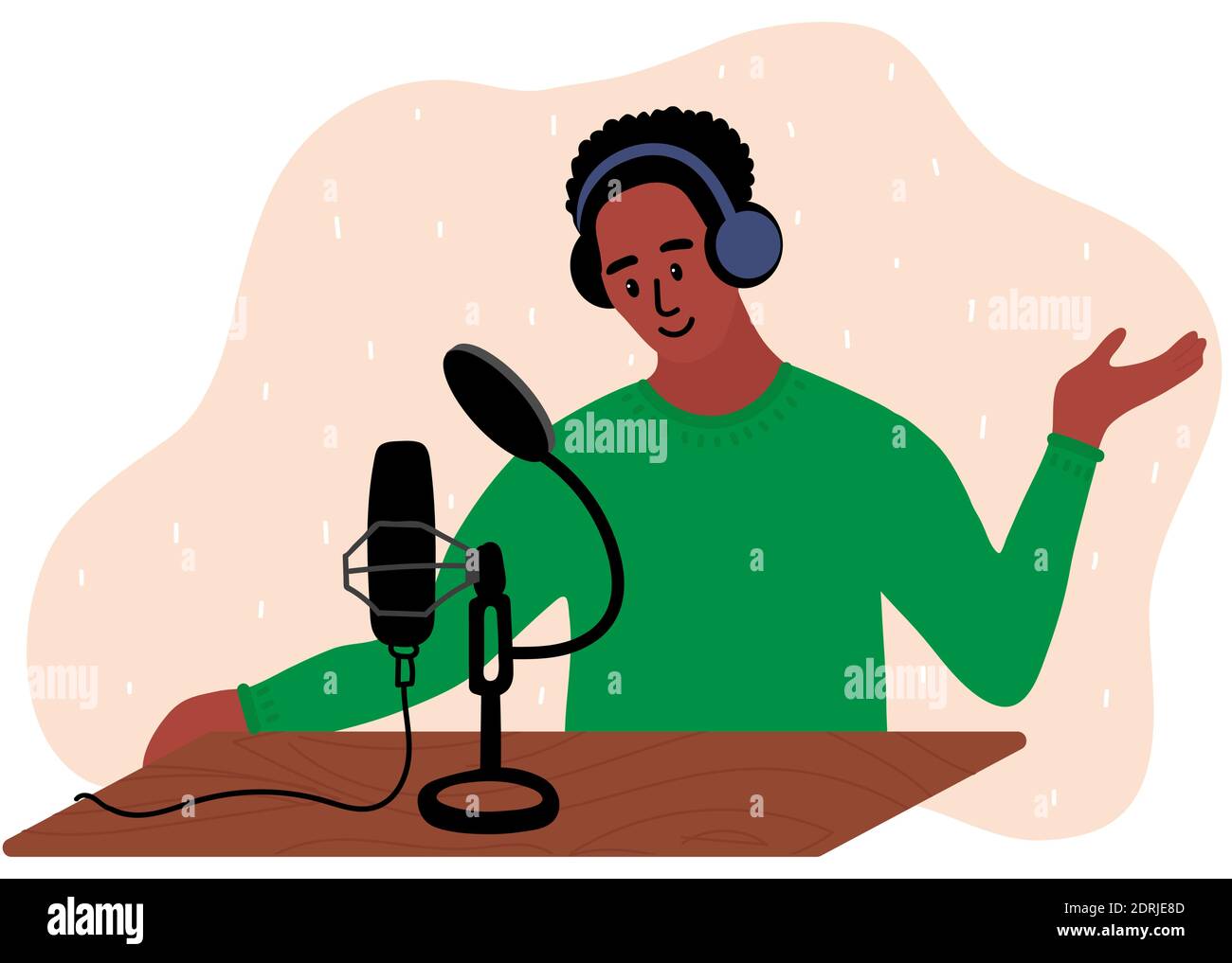 L'homme noir africain en vêtements verts fait le podcast en direct. Un podcaster mâle parle au microphone pour enregistrer la voix en studio. Illustration vectorielle à plat Illustration de Vecteur