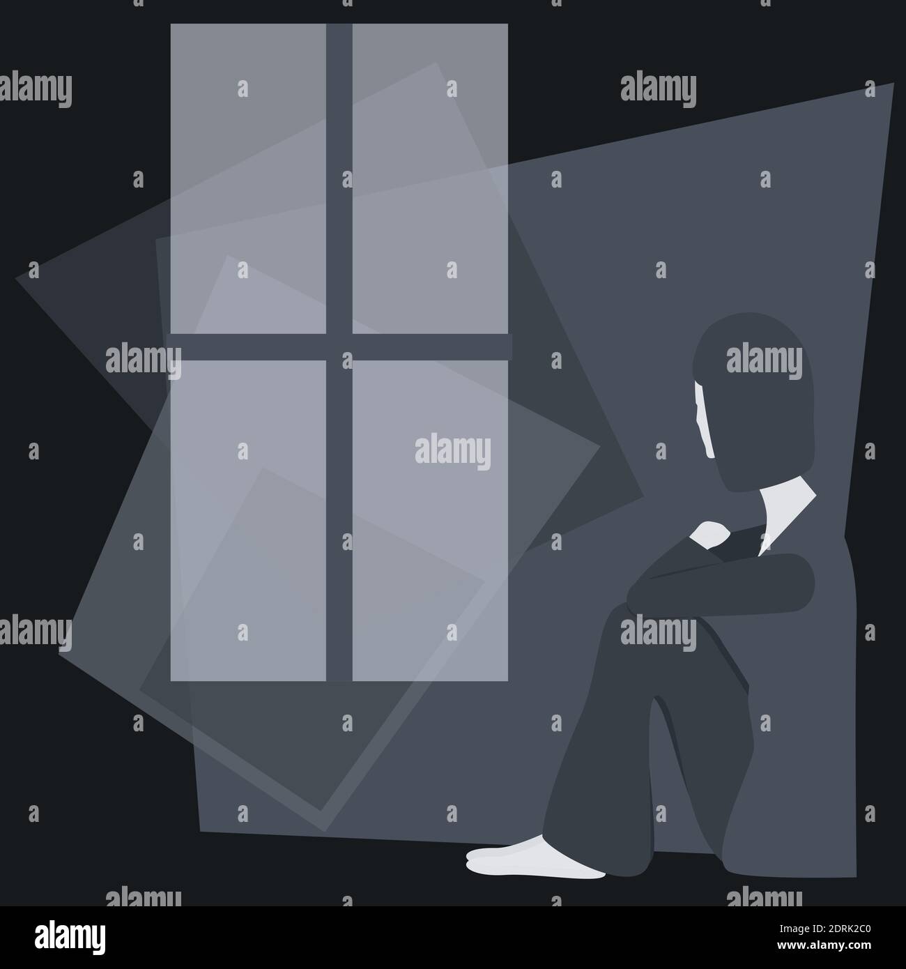 Santé mentale. Femme regardant par la fenêtre. Son monde tombe en morceaux. Illustration vectorielle monochrome. Illustration de Vecteur