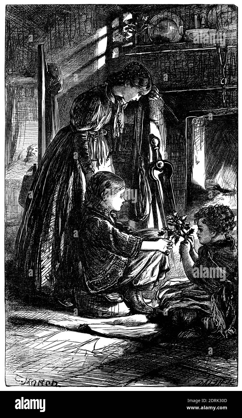 Noël d'une famille orphine : à partir d'une gravure victorienne en bois d'époque Banque D'Images