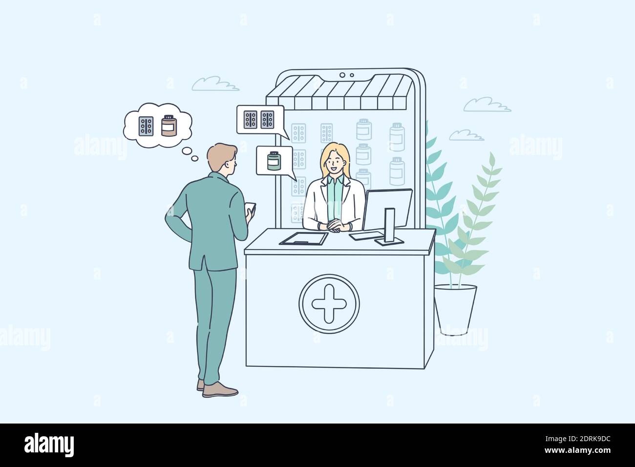 Pharmacie en ligne et concept. Homme personnage de dessin animé choisir des  médicaments dans la boutique en ligne de pharmacie et parler à la femme de  pharmacien virtuel au bureau ve Image