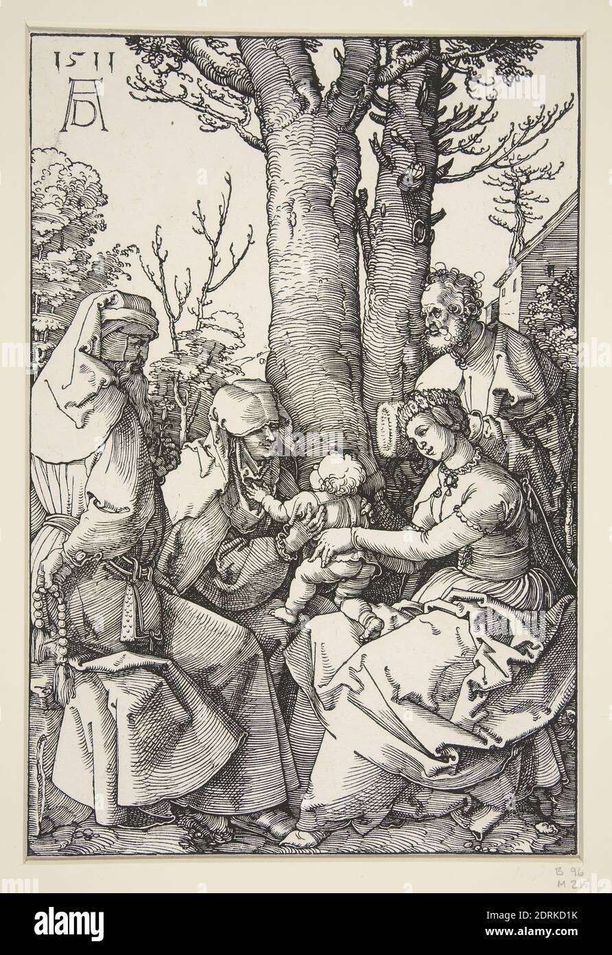 Artiste: Albrecht Dürer, Allemand, 1471–1528, Sainte famille avec Joachim et Anne sous un arbre, Woodcut, 9 1/2 × 6 1/2 po. (24.1 × 16.5 cm), fabriqué en Allemagne, allemand, 16ème siècle, travaux sur papier - tirages Banque D'Images