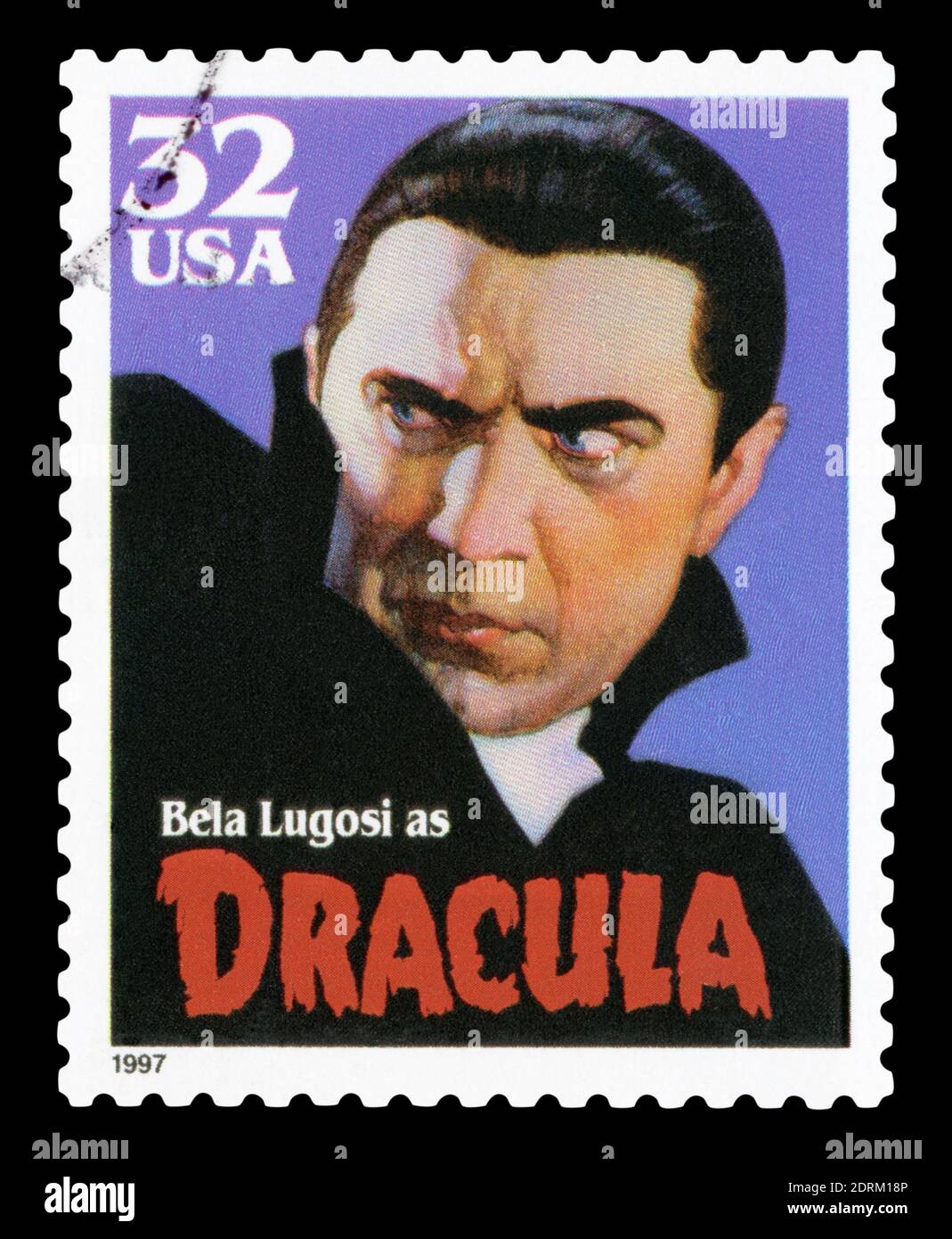 ÉTATS-UNIS D'AMÉRIQUE - VERS 1997 : un timbre imprimé par les États-Unis montre le portrait de Bela Lugosi, comme Dracula, vers 1997. Banque D'Images